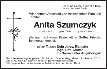 Traueranzeige von Anita Szumczyk von Pegnitz-Zeitung